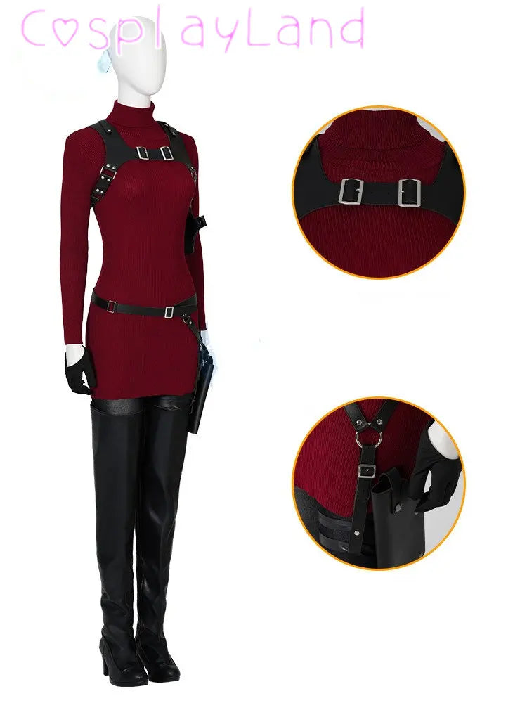 Female Ada Wong Cosplay Costume Clothing Resident 4 Remake Ada Red Women Dress Role Playing Halloween Game Set with Shoes