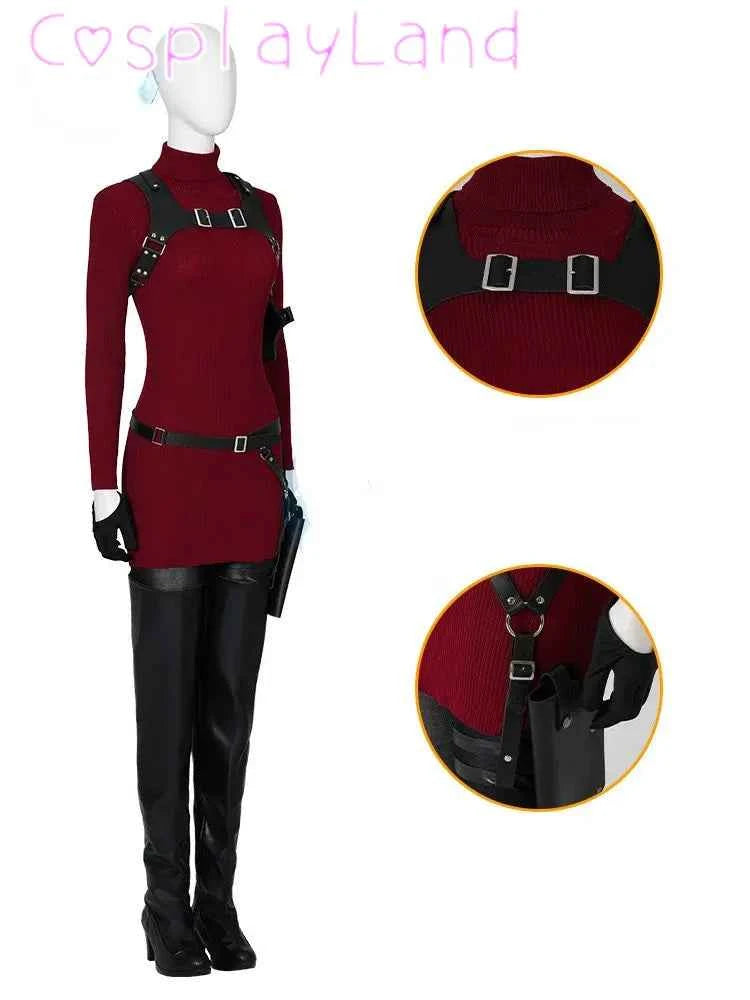 Female Ada Wong Cosplay Costume Clothing Resident 4 Remake Ada Red Women Dress Role Playing Halloween Game Set with Shoes