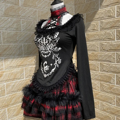 Japanese Gothic Woman Tshirts Y2k Tops Slim Waist Bandage Tees Patchwork Lace Print Long Sleeve Black T Shirt 2025 Ropa Mujer SS69