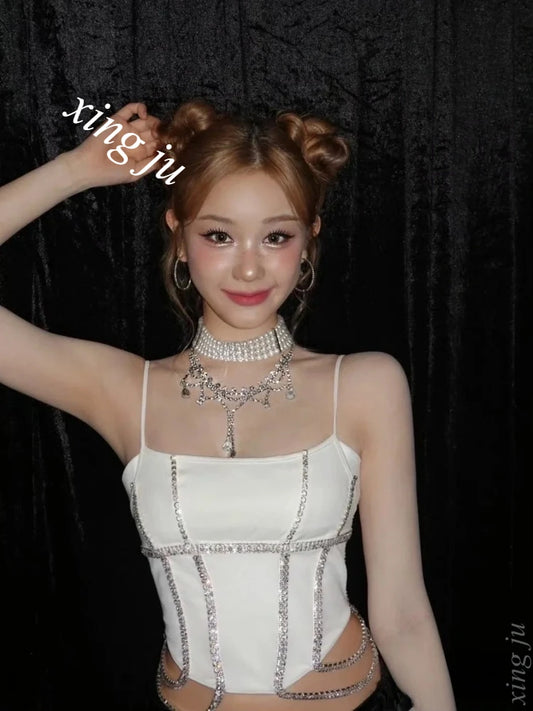 Kpop Singer Sexy White Sling Tops Tight Leather Shorts Korean Group Concert Stage Performance Outfits Women Jazz Dance Costume
