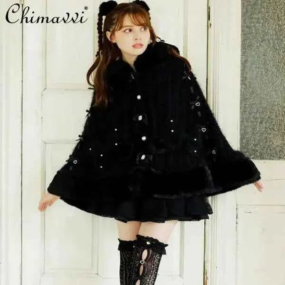 Liz Japanese Sweet Princess Faux Rabbit Fur Cape Coat Autumn Winter Girl Women Fur Jacket Clock Rhinestone Bow Hooded Coat