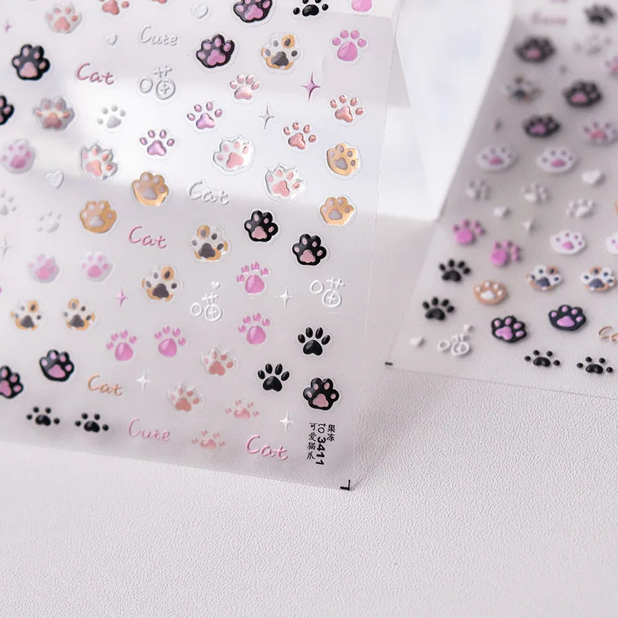 Cute Jelly Pink Cat Paw Print Nail Sticker Kawaii Pink Black Cat Claw 5D Embossed Self-Adhesive Nail Art Sticker Nail Art Decal SS69
