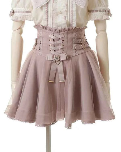 Japanese Liz New Summer Lace Edge Leather Ring High Waist Pleated Skirt Ribbon Bow All-match Short Skirts Big Bow Lolita Blouses