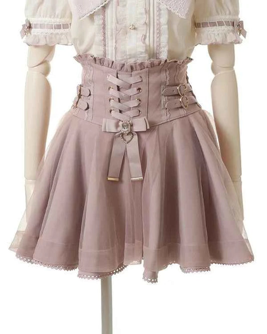 Japanese Liz New Summer Lace Edge Leather Ring High Waist Pleated Skirt Ribbon Bow All-match Short Skirts Big Bow Lolita Blouses