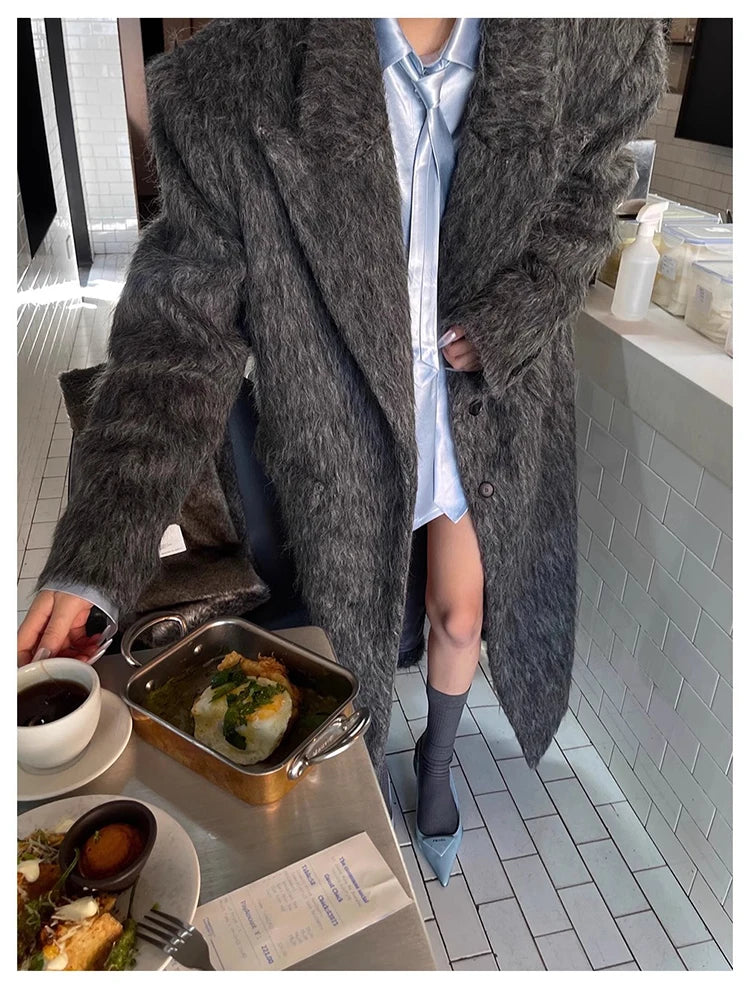 Mauroicardi Autumn Winter Oversized Extra Long Warm Thick Gray Wool & Blends Coat Women Loose Casual Fluffy Korean Fashion 2024