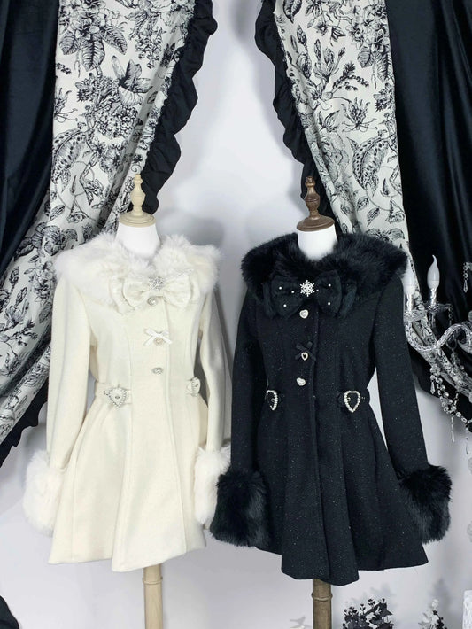 Original Japanese Mass-Produced Lace Jackets Girls Women Cute Bow Waist Cinch Heavy Drill Button Slim Fit Elegant Black Coat