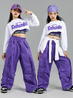 Girls K-Pop Street Dance Outfit: Purple Crop Top & Cargo Pants