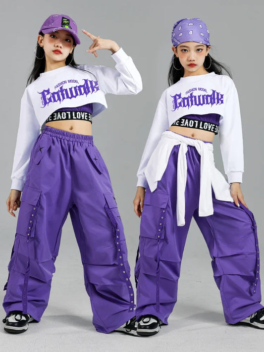 Children Street Dance Outfits Kids Streetwear Group Jazz Clothes Sets Hip Hop Girls Fashion K-pop Crop Top Purple Cargo Pants