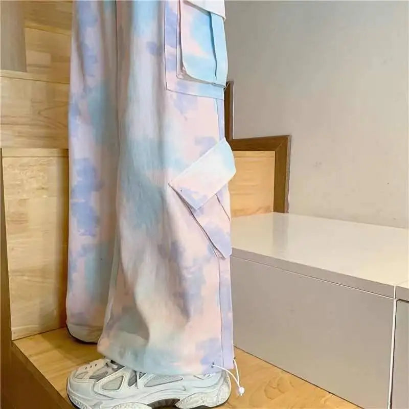 Women Harajuku Tie Dye Cargo Pants Spring Summer New Korean Fashion Streetwear High Waist Loose Versatile Sports Casual Trousers SS69