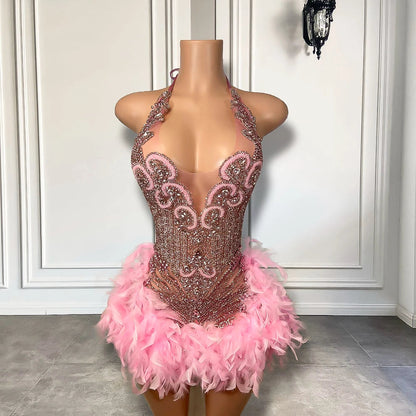 Sparkly Cute Sleeveless Women Birthday Party Formal Gowns Luxury Pink Diamond Feather Short Mini Prom Dress 2025 For Black Girls SS69