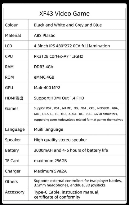 WDYQJE Open Source XF43 Retro Handheld Game Console Linux System Gaming Video Players Console Portable Pocket Device Child Gift SS69