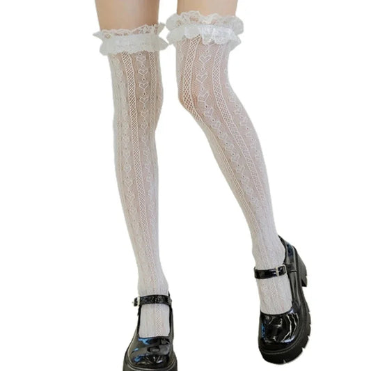 Women Lolita Fishnet Thigh High Socks Japanese Style Heart Striped Lace Patterned Over Knee Long Stockings Ruffled Frilly Kawaii SS69 9.69 WT
