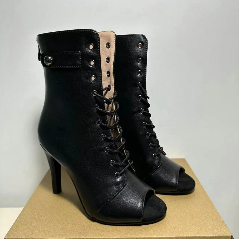 Women's Black Peep-Toe High Heel Stilettos Size 46 New Fashion Brand Party Boots for Ballroom Latin Jazz Dance Sexy Party Shoes SS69
