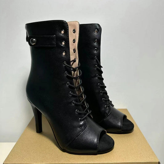 Women's Black Peep-Toe High Heel Stilettos Size 46 New Fashion Brand Party Boots for Ballroom Latin Jazz Dance Sexy Party Shoes SS69