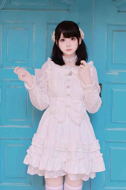 Japanese Liz Dresses Women Autumn New Girl's Sweet Cute Bud Mini Series Mass Production Angel Small Cake Dress Bow Lolita Dress