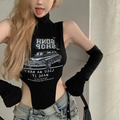 Y2k Black O Neck Sleeveless Sexy Jumpsuit Harajuku Letter Print Summer Thin Slim Clothes Grunge Punk with Half Sleeve Tops