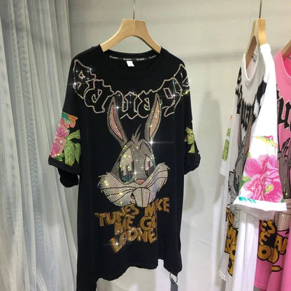 Oversized top Rhinestone diamond o-neck peony print rabbit fashion women's short-sleeved T-shirt SS69 26.69 black / 4XL