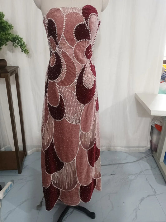 Customized Luxury Retro Trend Sheath Strapless Geometric Pattern Beaded Sequins Pearls Mesh Midi Evening Prom Formal Party Dress