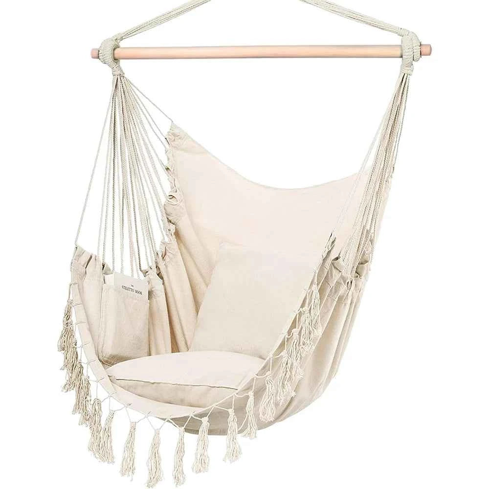 Macrame Hanging Chair with 2 Pillows | 500lb Capacity Cotton Rope Swing | Pocket Design Indoor/Outdoor Use