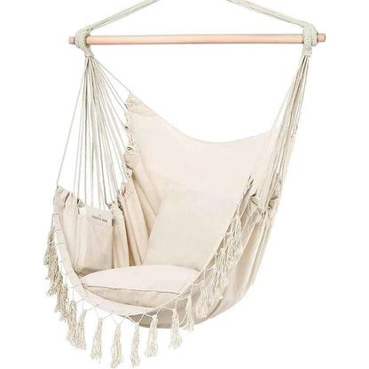 Macrame Hanging Chair with 2 Pillows | 500lb Capacity Cotton Rope Swing | Pocket Design Indoor/Outdoor Use