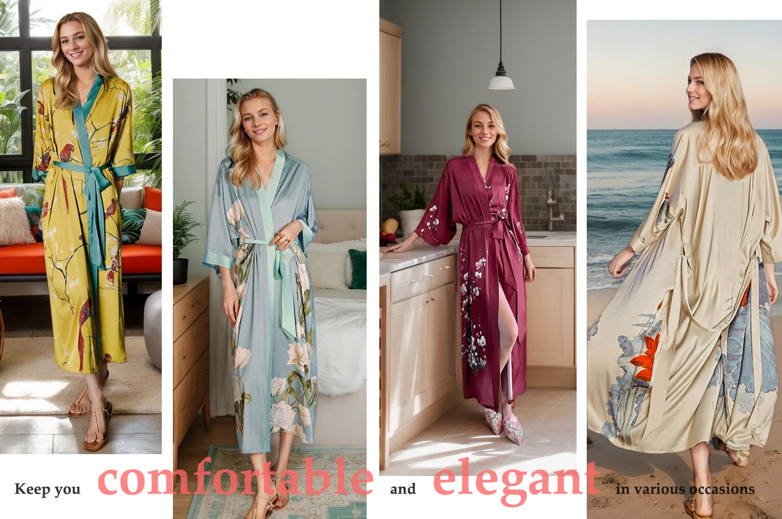 Women's Long Silk Satin Kimono Robe - Lightweight & Soft