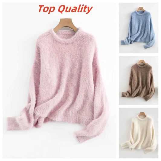 Warm Alpaca Pullovers for Woman, Dropped Sleeved Loose Sweaters, 2025 Fall Winter Top, Camel, Beige