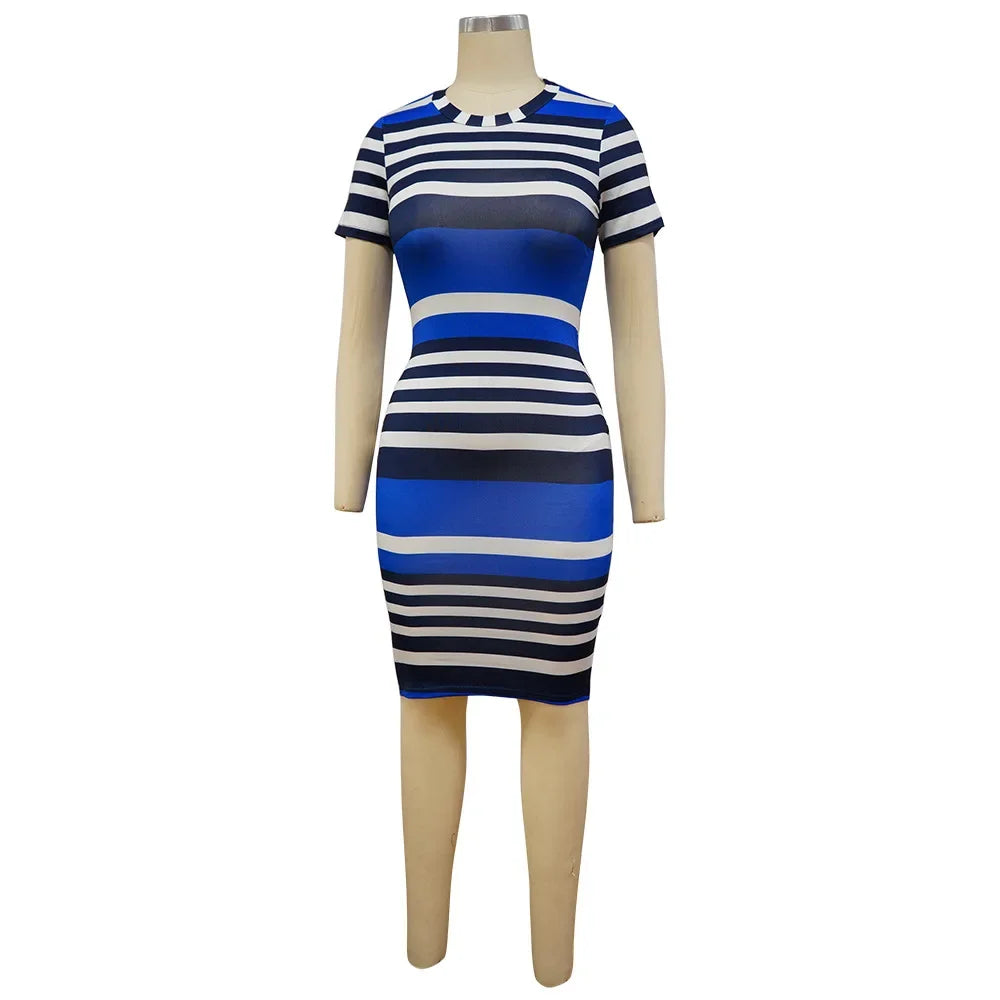 Summer New Women O-Neck Short Sleeve Leaf Striped Print Bodycon Knee Length Dress Sexy Partynight Club Dress SS69