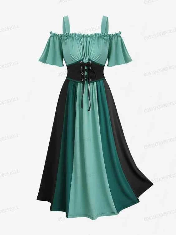ROSEGAL Plus Size Women's Dress New Cold Shoulder Ruched Ruffles Colorblock Patchwork Lace Up Belted Vintage Corset Dresses Robe