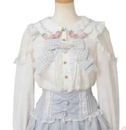 Japanese New Liz Plaid Bow Lolita Strawberry Embroidered Short Sleeve Shirt Women's Spring Summer Sweet Blouse Shirts