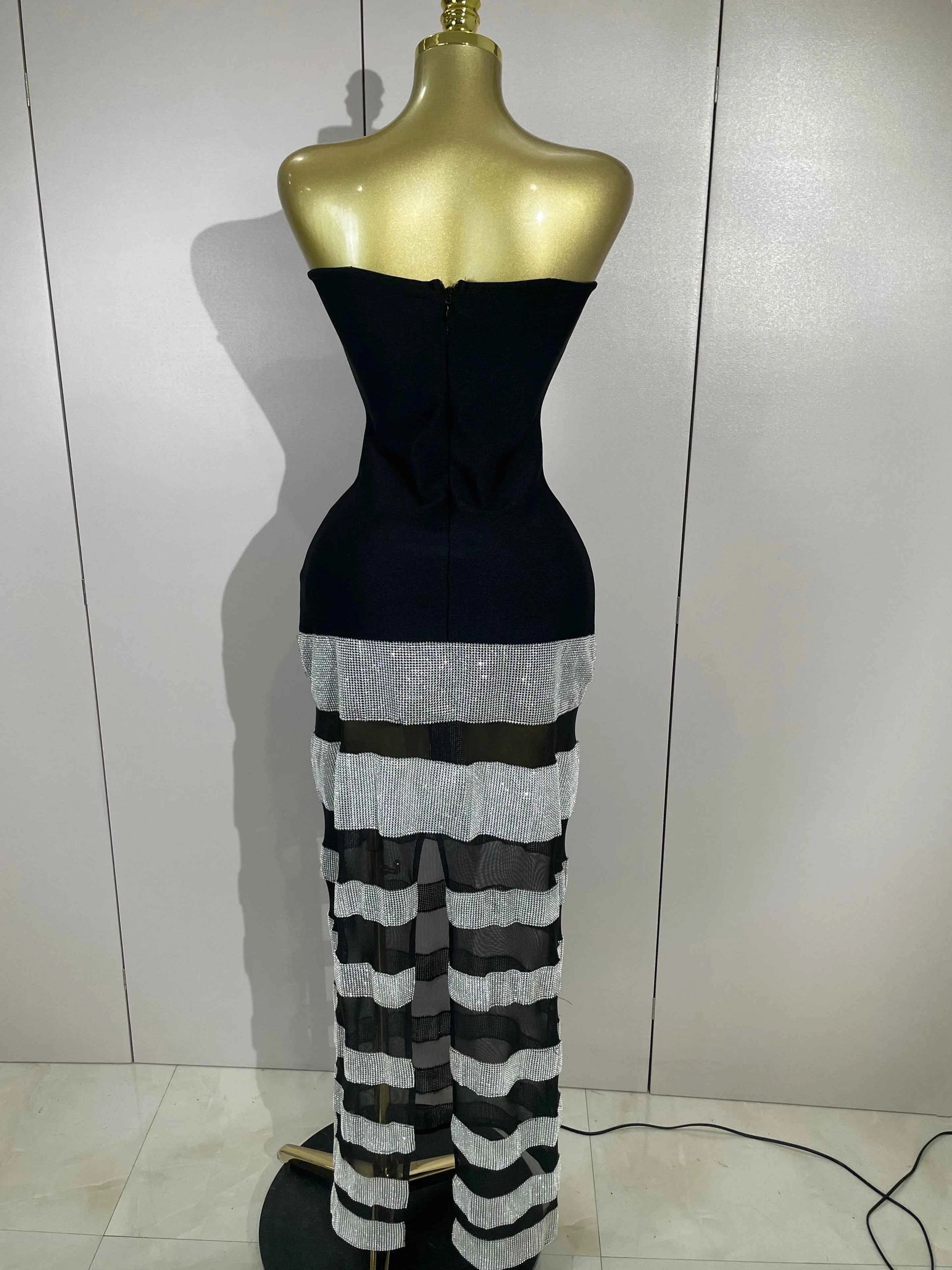 Elegangt Shiny Sexy Mesh Strapless Bodycon Long Bandage Dresses Women Club Birthday Evening Party Slim Celebrity Guest Dresses