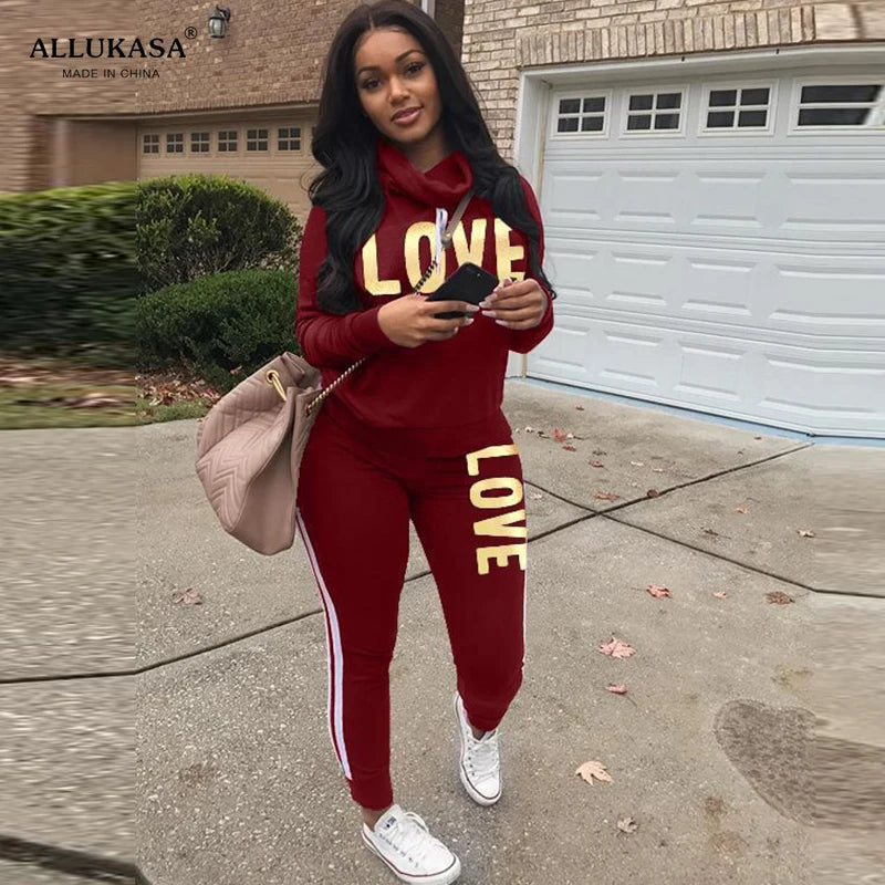 2 Piece Set Women Outfit LOVE Letter Print High Neck Hoodies Sweatshirt Pants Tracksuit 2022 Plus Size Streetwear Casual Suit SS69 20.69 Claret / XL