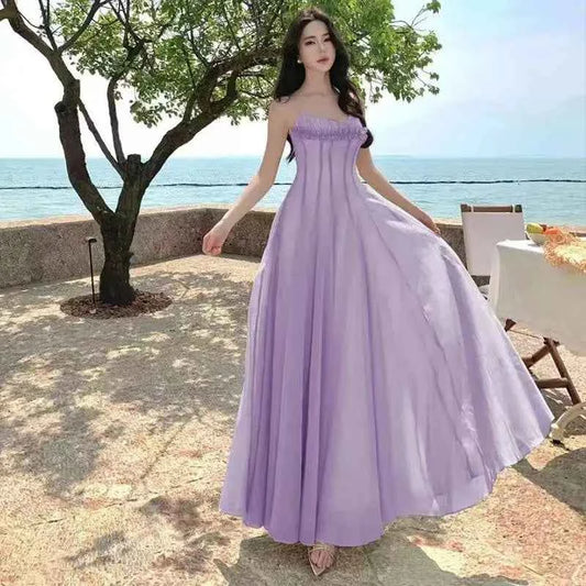 Summer Retro Purple Sexy Sleeveless Backless Ruffles Pleated Slip Dress French Women Green Elegant Party Evening Long Dress Chic
