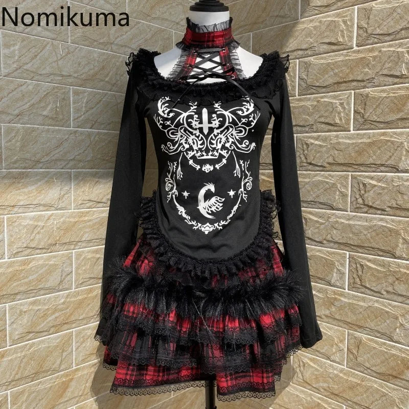 Japanese Gothic Woman Tshirts Y2k Tops Slim Waist Bandage Tees Patchwork Lace Print Long Sleeve Black T Shirt 2025 Ropa Mujer SS69