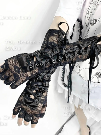 Japanese lolita lace long arm sleeve sweet cool girls lace-up mesh bandage white black arm warmers gloves SS69 26.69 black / One Size
