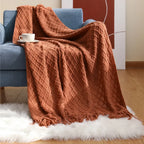 Handmade Crochet Knit Throw Blanket with Tassels, 100% Acrylic