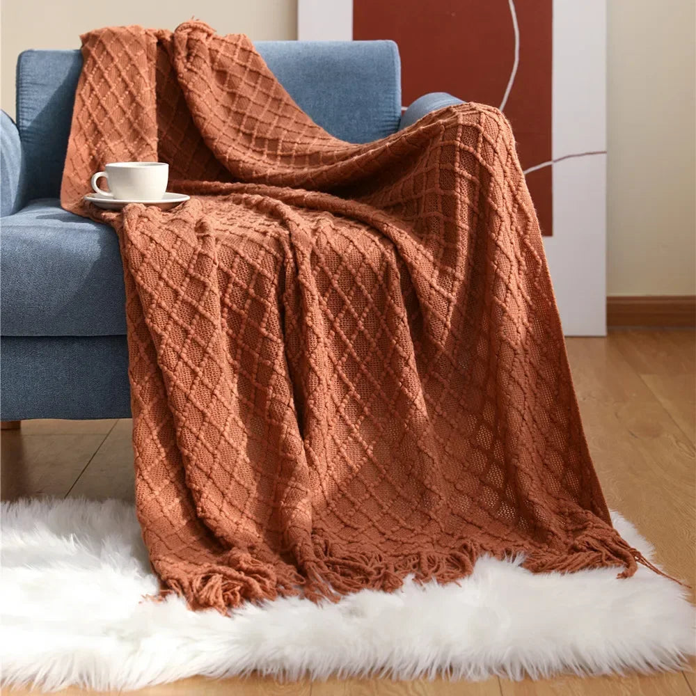 Handmade Crochet Knit Throw Blanket with Tassels, 100% Acrylic