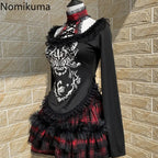 Japanese Gothic Woman Tshirts Y2k Tops Slim Waist Bandage Tees Patchwork Lace Print Long Sleeve Black T Shirt 2025 Ropa Mujer SS69