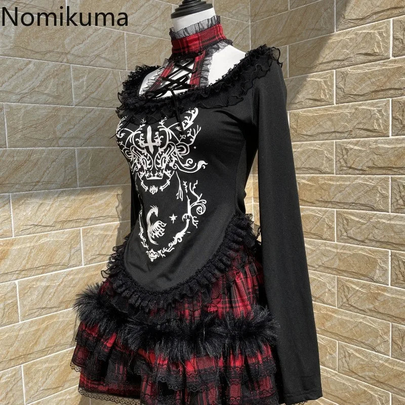 Japanese Gothic Woman Tshirts Y2k Tops Slim Waist Bandage Tees Patchwork Lace Print Long Sleeve Black T Shirt 2025 Ropa Mujer SS69