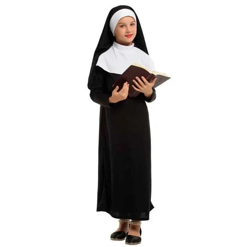 Girls Black Nun Costume Child Halloween Catholic Religion Missionary Fantasy Fancy Dress for Book Week Purim Party