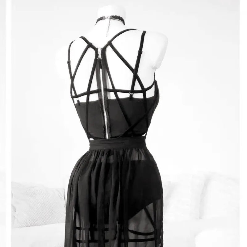 Gothic Mesh Backless Crop Top & Skirt Set - 3 Piece