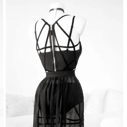 AltGoth Gothic Nightclub Sexy Skirt Set Women See Through Mesh Backless Crop Tops Emo Alt Punk High Waist Underpants Skirt 3pcs