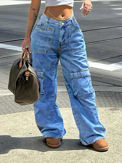 Women Non-Stretch Straight-Leg Jeans Casual Button Zipper Denim Pants With Pockets Fashion Solid Color Street Cargo Jeans SS69