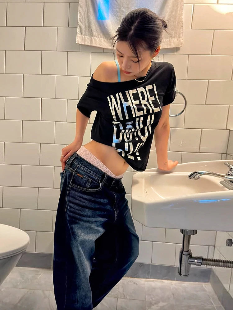 Nibber 2026 Summer New Trend Letter Print t-Shirt Women Skew Collar Leisuremusic Festival Hottie High Street Classic Clubwear