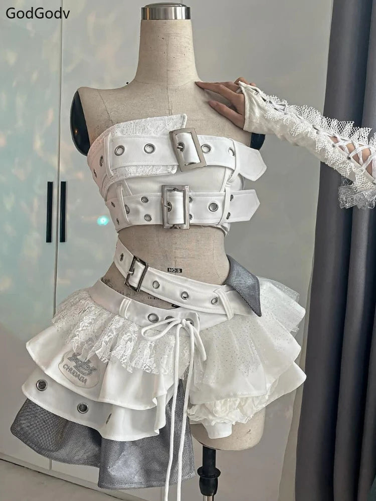 Summer Vintage Elegant Y2K Woman 2 Piece Sets Punk Gothic Strapless Crop Tops +High Waist Ruffle Skirt Female Party Outfits 2025 SS69 34.69 White Sets / L