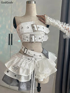 Punk Style Vintage Elegant Y2K Woman 2 Piece Sets Gothic Sleveless Crop Tops +High Waist Ruffle Skirt Female Party Chic Outfits