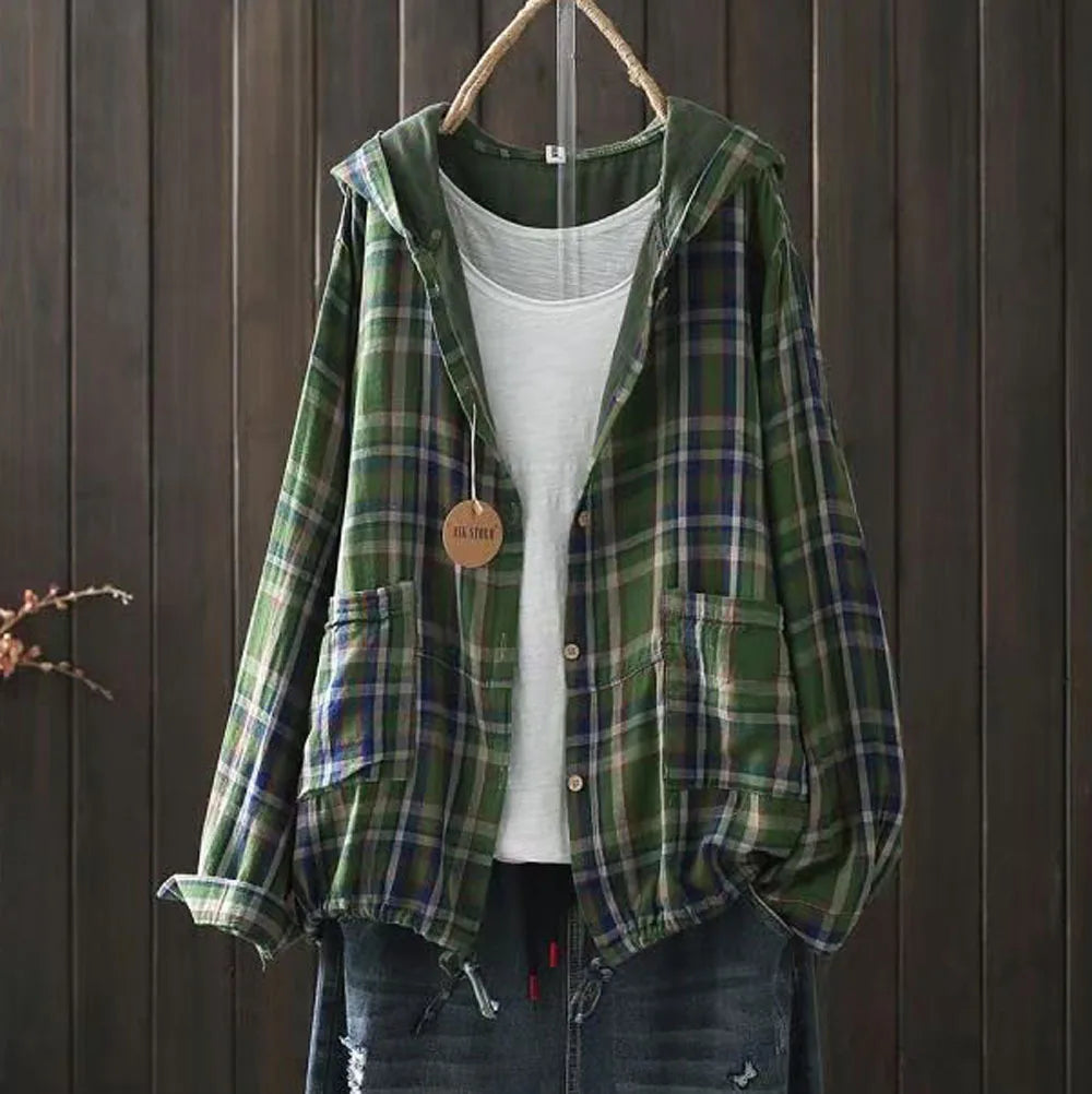Large size blouses for women autumn spring hooded long sleeve single-breasted plaid shirts oversized shirt top female hoodies