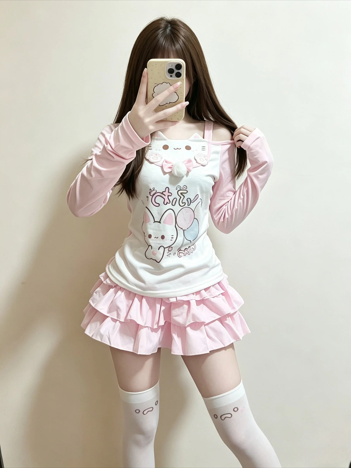 Sweet Japanese T-shirts Women's Clothing Pink Butterfly Patchwork Lace Slash Neck Tees Anime Print Off Shoulder Cute Y2k Tops