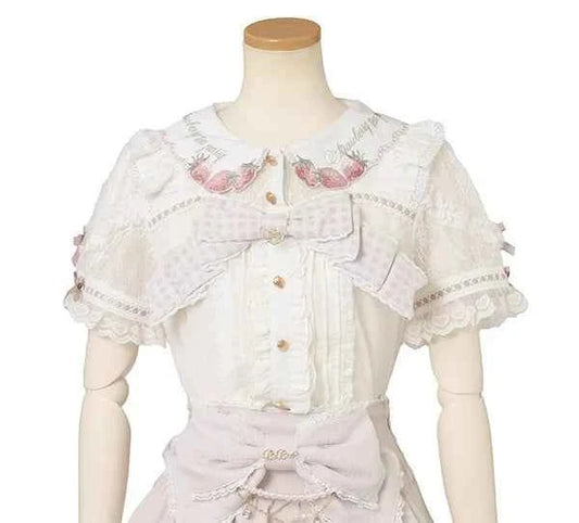 Japanese New Liz Plaid Bow Lolita Strawberry Embroidered Short Sleeve Shirt Women's Spring Summer Sweet Blouse Shirts