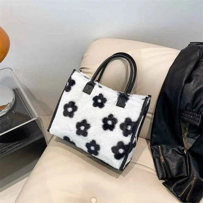 Winter Faux Fur ,Leopard Print Designer Shopper Totes, Fashion Soft Plush Women Shoulder Bags, Large Capacity Handbags and Purse