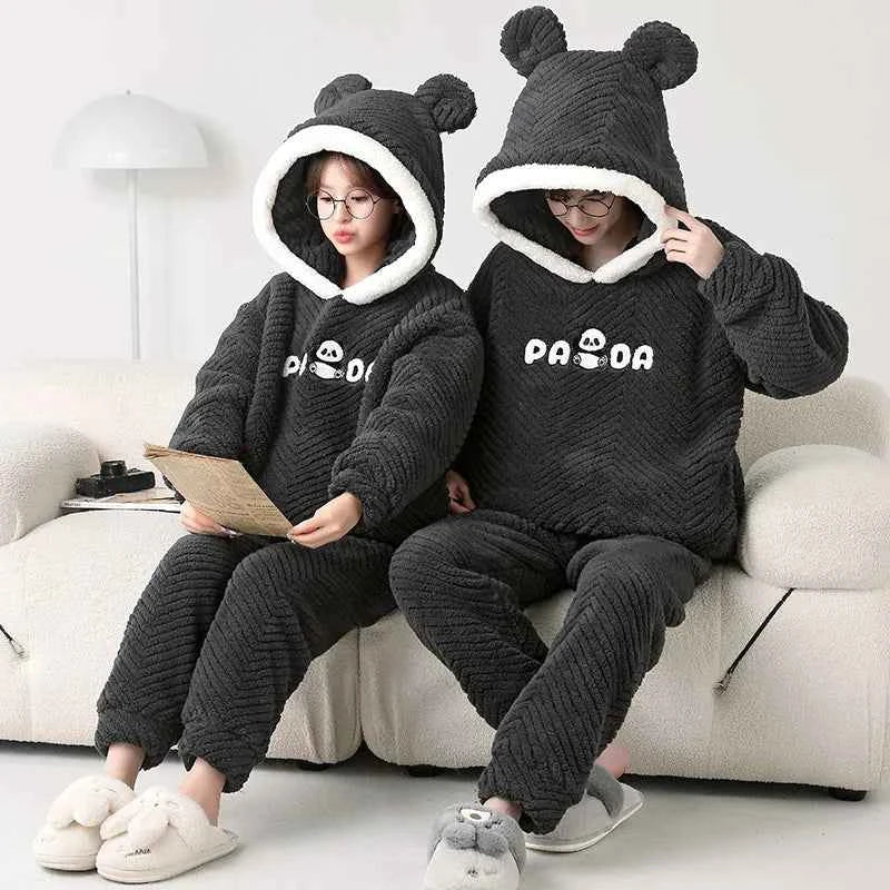 Adult Winter Thicken Sleepwear Pajamas Set Women Coral Fleece Pyjama Cartoon Deer Panda Hooded Homewear Loungewear Pijamas Suit